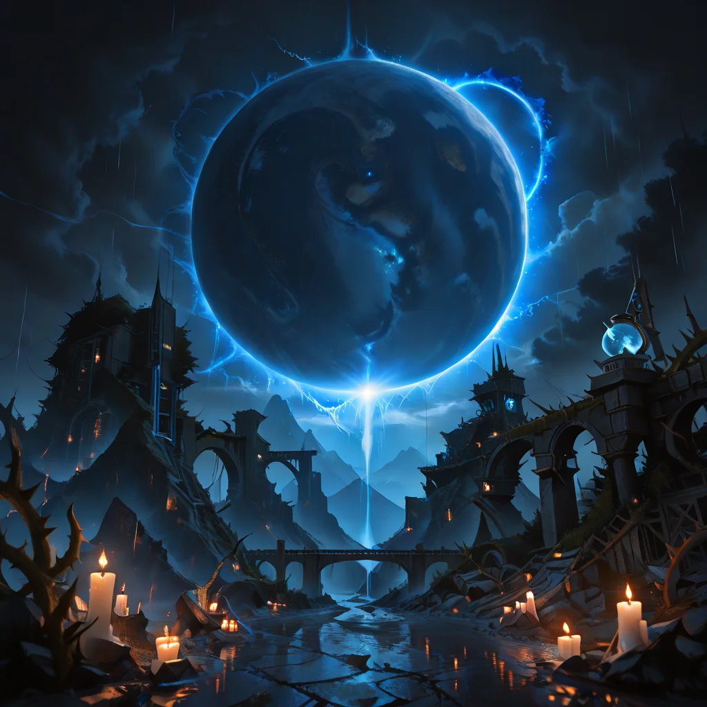 citybkg, very detailed, azur lane metanize, low buildings, tunnels, chasm, mountain, street, metal barriers, street marking, highway markings, car light trails, futuristic, dark clouds, huge planet in the sky, blue planet, plasma globe, bridge, rain, ruins, thorns, crosses, dark theme, menacing, blue lighting, blue light rays, blue fireballs, magic seals, newest, (masterwork, masterpiece, best quality, hyper-detailed, 8k uhd::1.4),
<lora:City_Worlds_01_Effects_illc:0.9>,
<lora:96 Azur_Lane_Metanize-000096:0.9>,