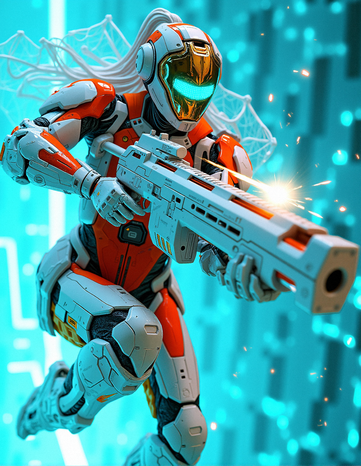 A hyperrealistic depiction of a battle-hardened female cyborg with futuristic white colored rifle,dynamic pose,   in a digital grid world, her red and gold mech armor gleaming as light reflects off the turquoise cubes. Her light blue eyes pierce through the virtual environment, surrounded by flickers of digital data and sparks of electricity from her battle-worn suit.Armor modifications include holographic cape, integrated with digital projection features.

action pose, Jumping across a digital gap, firing the rifle mid-air.


The futuristic rifle has glowing energy core in the center of the rifle, pulsing with vibrant neon blue light. Multi-layered barrel with visible heat dissipators along the length, designed to handle plasma's extreme heat.Semi-transparent panels revealing internal mechanical parts, glowing faintly.Dynamic grip panels that adjust based on the user's hand position, with reactive textures that glow upon contact.Integrated plasma bayonet, glowing faintly along the edges, ready for close-quarters combat.











