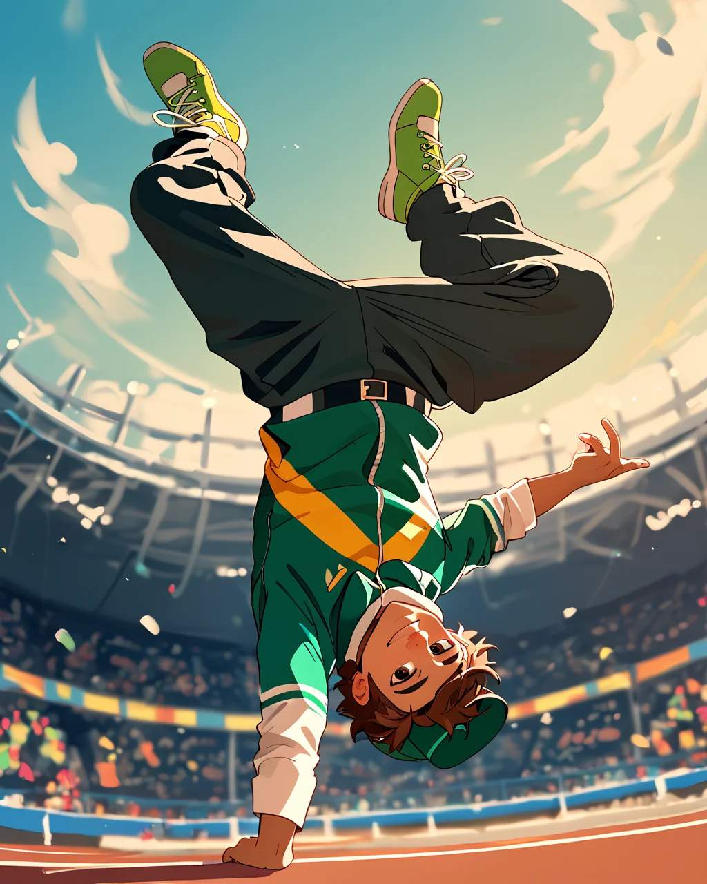 score_9, score_8_up, score_7_up, vibrant color, 1boy, <lora:bdancepxl:0.8>, bdancepxl, doing a handstand, one-handed, breakdance pose, motion, spread legs, looking at viewer, upside down, shirt falling down, comic book, best quality, masterpiece, sneakers, motion lines, smile, gesture, cool outfit, green and gold tracksuit, Olympics, green cap, brown hair, pale skin, Australian flag