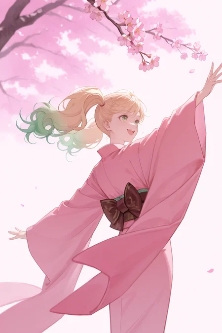masterpiece, best quality, very aesthetic, newest, absurdres, highres,
<lora:YuYuHuadiaoIllustriousV1:1> yuyuhuadiao,
1girl, solo, kimono, floating hair, cherry blossoms, outstretched arms, smile, open mouth, kimono,
 <lora:WatanabeSarasaIllustriousV1:1> watanabesarasa, blonde hair, green hair, multicolored hair, gradient hair, curly hair, green eyes, twintails, pink theme,
