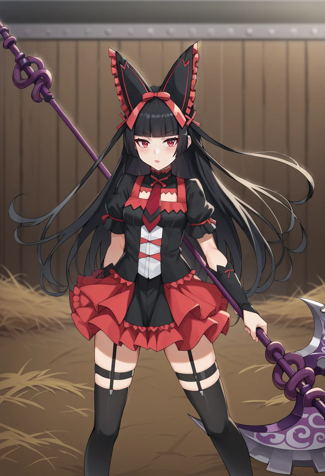 score_9, score_8_up, score_7_up, BREAK source_anime, 1girl, rory mercury, black hair, red eyes, hime cut, blunt bangs, goth fashion, hair bow, hair ribbon, frilled dress, red necktie, garter straps, black thighhighs, holding weapon, holding polearm, halberd, blurry foreground, farm <lora:hskc-rorymercury-pony-v0.6-000009:1>
