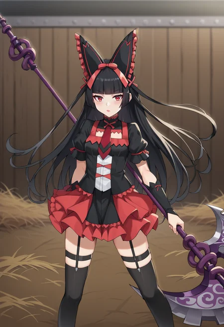 score_9, score_8_up, score_7_up, BREAK source_anime, 1girl, rory mercury, black hair, red eyes, hime cut, blunt bangs, goth fashion, hair bow, hair ribbon, frilled dress, red necktie, garter straps, black thighhighs, holding weapon, holding polearm, halberd, blurry foreground, farm <lora:hskc-rorymercury-pony-v0.6-000009:1>