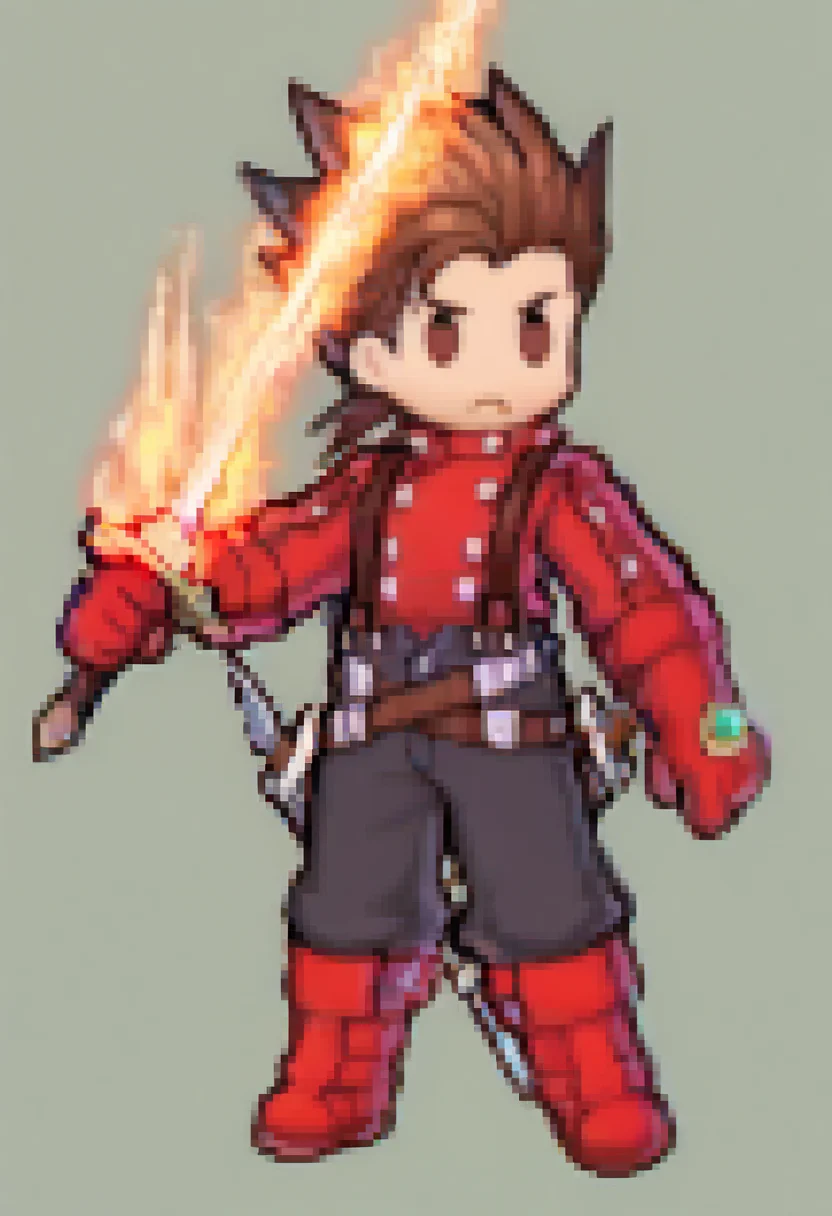masterpiece, best quality, 1boy, frown, <lora:Feh-Sprites-illus_Fp:1> simple background, chibi, full body, <lora:LloydToS-illu:1> defLloyd, brown hair, spiked hair, brown eyes, red jacket, long sleeves, red gloves, suspenders, black pants, belt, knee boots, jewelry, red footwear, holding sword, flaming weapon