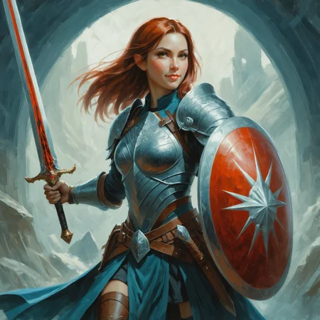 by Becky Cloonan, by Ed Binkley, by Beeple, character, sword and shield <lora:sword_and_shield:0.45>, oil painting <lora:oil_painting_envy_anime:0.60>