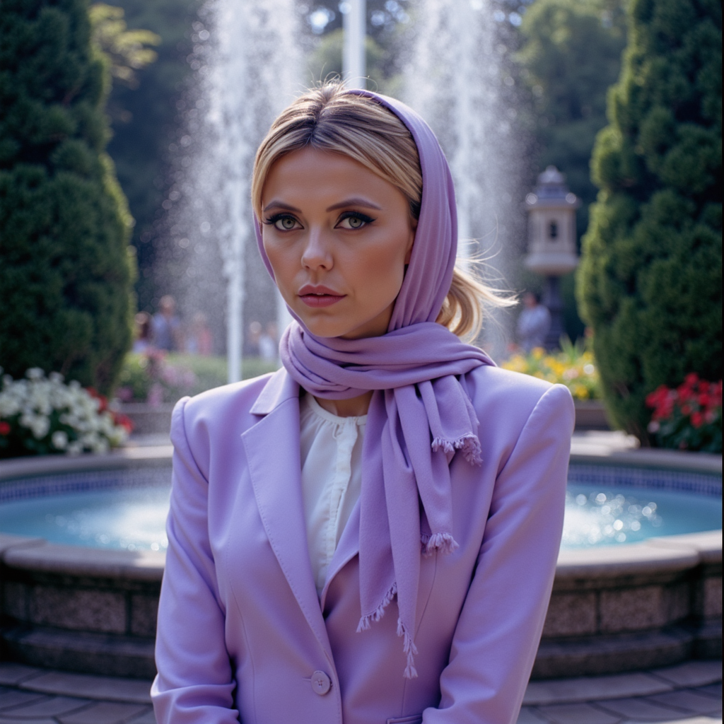 watercolor painting ethereal fantasy concept art of  surrealist art analog photography, analog photo, a stunning woman in a  gothic garden in the background a beautiful fountain, she's wearing a pastel purple women's suit, a white blouse and a purple scarf . A candid, close up shot <lora:Riley_Voelkel:1> rileyv . dreamlike, mysterious, provocative, symbolic, intricate, detailed, magnificent, celestial, ethereal, painterly, epic, majestic, magical, fantasy art, cover art, dreamy . vibrant, beautiful, painterly, detailed, textural, artistic, RAW candid cinema, 16mm, color graded portra 400 film, remarkable color, ultra realistic, textured skin, remarkable detailed pupils, realistic dull skin noise, visible skin detail, skin fuzz, dry skin, shot with cinematic camera
