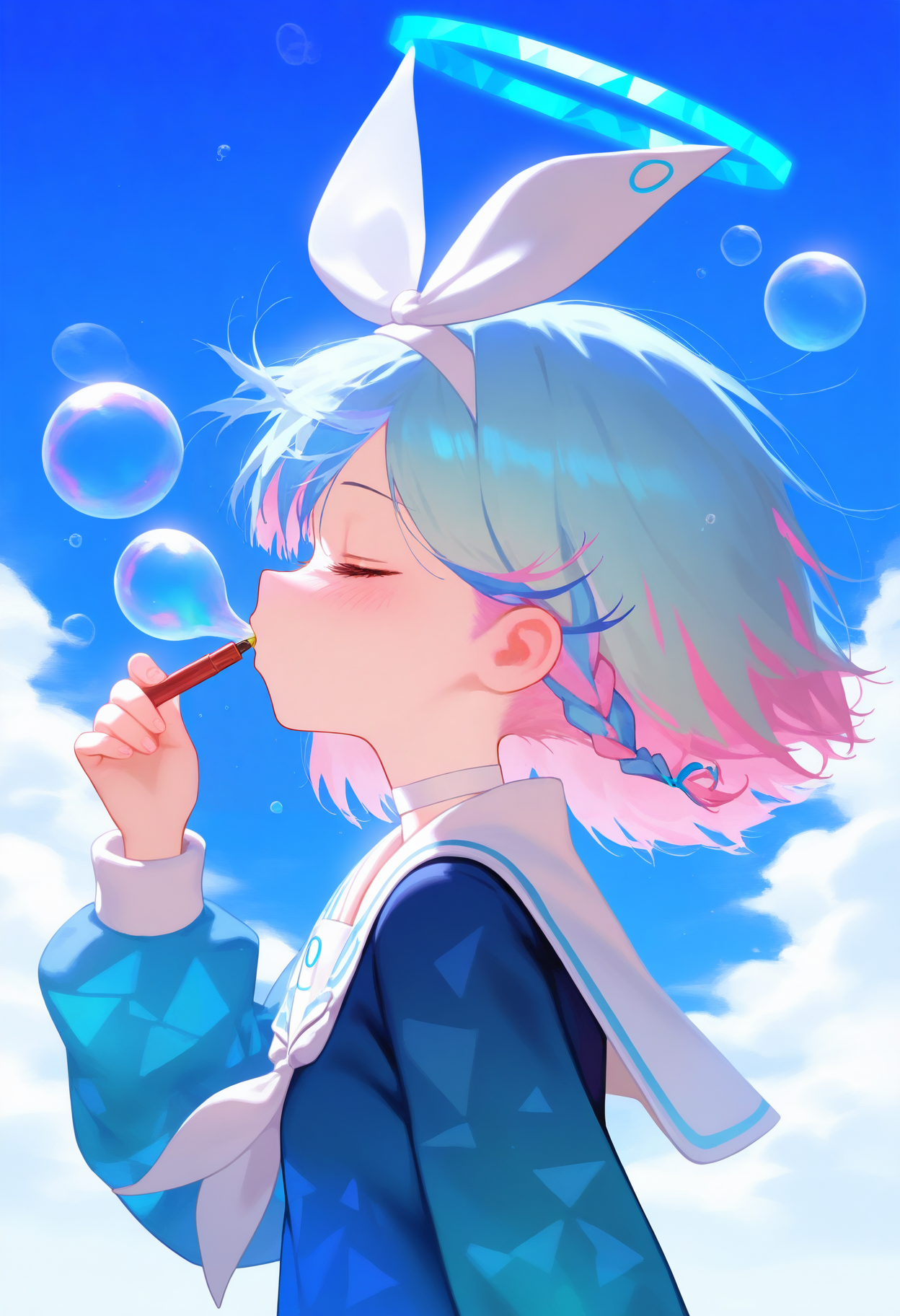 masterpiece, best quality, good quality,
arona \(blue archive\), 1girl, solo, blush, short hair, shirt, long sleeves, holding, (blue hair:1.1), upper body, closed eyes, pink hair, multicolored hair, hairband, choker, serafuku, sailor collar, blue halo, from side, profile, blue shirt, colored inner hair, white sailor collar, bubble, white hairband, white choker, bubble blowing, blue sky, cloud
<lora:flutecocktail_noob_vpred_v1:1>