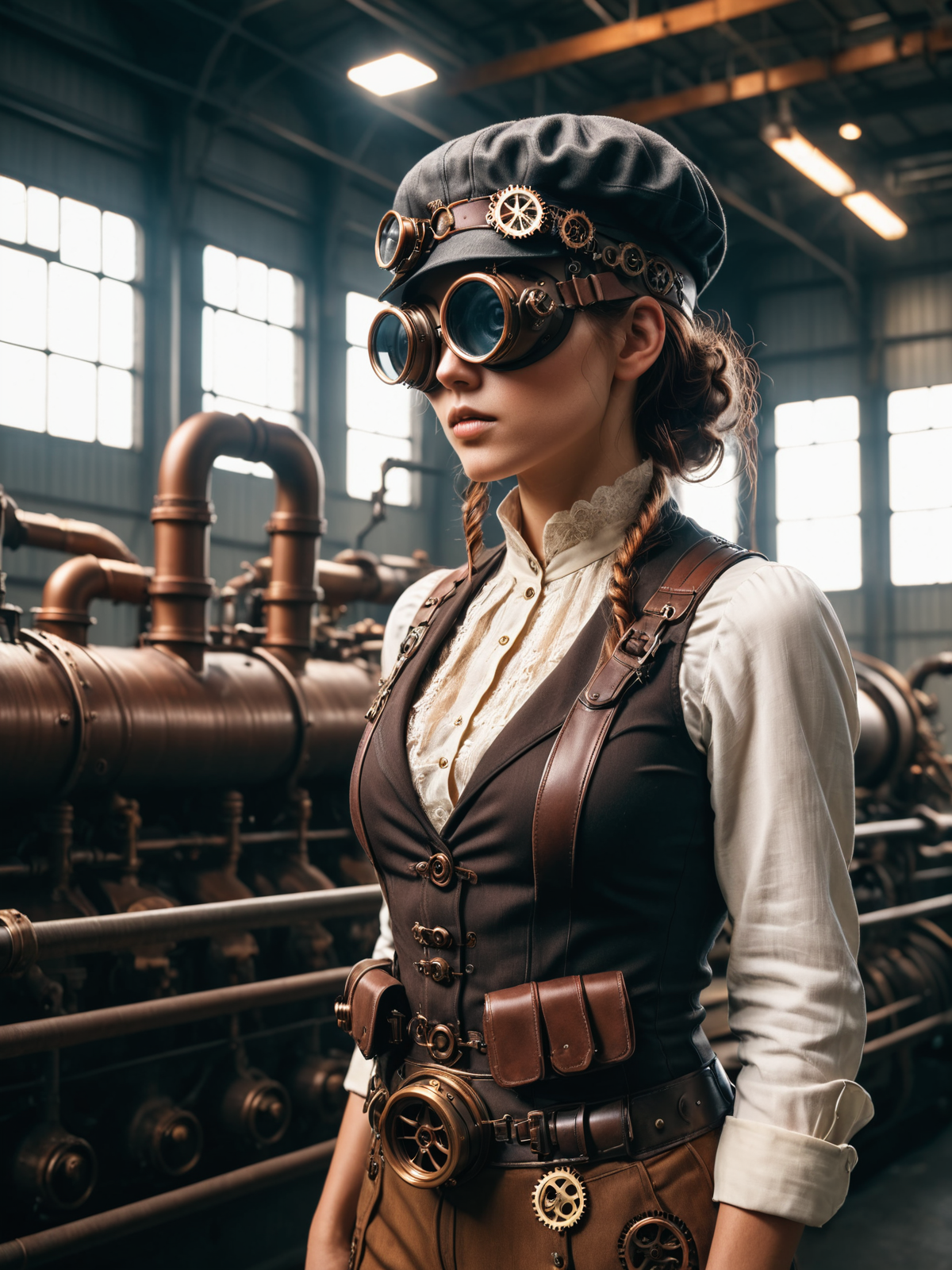 woman wearing a mad-stpk-ggls goggles and mad-stpk-flcp flatcap, steampunk,  factory,  pipes, tanks, steam,  <lora:Gearbound_Steampunk_Chic_2_SDXL:0.9>, raw photo, film grain, Fujifilm XT3, (photorealistic, realistic:1.2), deep shadow,  8k, uhd, dslr, ultra high res