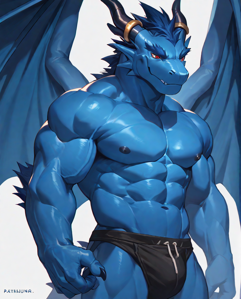 source_furry,score_9,score_8 up,score_7 up,score_6 up,male,anthro,furry,1boy,solo,blue_dragon,dragon,wings,horns,blue body,red eyes,muscles,muscular,bodybuilder,abs,pectorals,biceps,<lora:Blue_Dragon:0.9>,