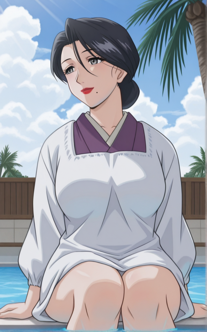 masterpiece, best quality, insaneres, absurdres,soaking feet, pool, palm tree, outdoors, sitting, water, looking to the side, light smile, day, sidelighting, cloudy sky, partially submerged, cocktail, scenery,  <lora:ILLUSTXL_MistreatedBride_SumieTakayanagi_ownwaifu:1>, BREAK WhiteApron_SumieTakayanagi_ownwaifu, 1girl, black hair, breasts, grey eyes, japanese clothes, lipstick, makeup, mature female, mole under mouth, red lips, white apron, kimono, single hair bun, apron, kappougi, hair between eyes, large breasts,