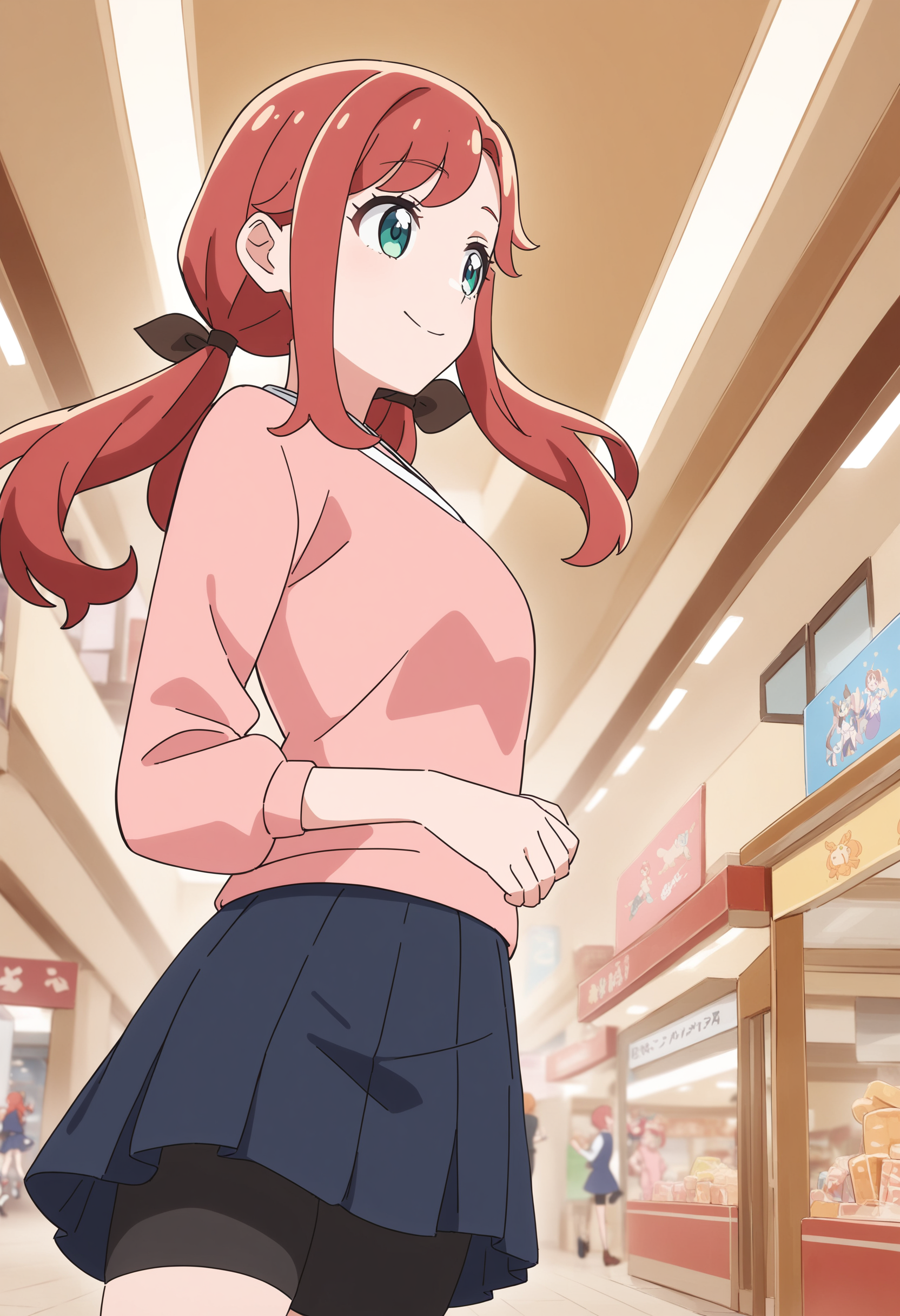 1girl, inukai youko, wonderful precure!, long hair, red hair, green eyes, makeup, <lora:youko_XL_v1:0.5>
dutch angle, upper body, looking to the side, archaic smile, underground mall, closed mouth, bike shorts under skirt,twintails hair,,
masterpiece,best quality, very aesthetic, absurdres