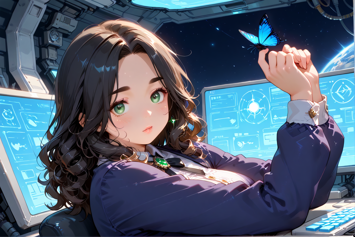 IllusP0s, PonyScores7, source_anime, ah1, IllustriousQual, interesting, exciting, spectacular, wonderful, 
BREAK <lora:xl_more_art-full_v1:0.2>, <lora:aesthetic_anime_v1s:0.2>, <lora:EpicF4nta5yXL:0.2>, <lora:detailxl:0.2>, detailxl, <lora:Fant5yP0ny:0.2>, amazing quality, best aesthetic, absurdres, illustration, Volumetric_Lighting, ultra-detailed, very aesthetic, intricate details, best_quality
BREAK ((Rear view, arms up)),
BREAK Stable_Yogis_PDXL_Positives, AS-Adult, <lora:Complicated fantasy portrait - XL Pony V2.0:0.2>, bad-hands-5, <lora:HDA_Detailer:0.3>, <lora:natsumi_style:0.5>, <lora:by_usakun-pony:0.4>, by usakun, <lora:Akina_Bbw_Style_-_PonyXL:0.2>, AkinBw, ((fine art photography, artistic expression, conceptual storytelling, exploring themes, emotional resonance, unique perspectives, innovative compositions, creative techniques, immersive experiences, blending reality and imagination, visual poetry, capturing beauty, challenging perceptions, evoking thought, personal interpretation, aesthetic exploration)),
BREAK 1girl, mature female, (curvy), round-chin, caucasian, <lora:ETO_OC_Illustrius:0.5>, eto_oc, skindentation, (plump), thick thighs, wide hips, busty, voluptuous, <lora:venus body PonyXL:0.3>, <lora:shinyskin2:0.2>, glistening skin, HDA_FatGirlXL, 
BREAK ((<lora:TQ_-_Beauty_and_Butterfly_XL:0.8>, dress, butterflies))   
BREAK (curly hair), long hair, (black hair:1.4), (parted hair:1.7), messy hair, kinky curls, <lora:hairdetailpxl:0.2>, hairdetailpxl,
BREAK (half green and brown eyes), (colorful eyes), (multicolored eyes), (downturned eyes:1.4), <lora:expressive eyes:0.2>, expressive eyes, <lora:eyedetailpxl:0.2>, eyedetailpxl, <lora:Eyes_High_Definition:0.2>, EyesHD, (round face:1.2), (thick eyebrows:1.3), (plump face), <lora:Round_face:0.2>, lips, 
BREAK (((Dour, A stern joyless countenance devoid of smiles expression))), <lora:Expressive_H:0.2>, Expressiveh, <lora:Emotional_Anime_Expressions_PonyXL_Concept:0.2>, emotional, <lora:Best_Facial_Expression_LoRA_PONY:0.2>, looking at viewer, <lora:Detailed expressive EXEV style -XL Pony V1.0:0.2>, FaceDetail,
BREAK (((technology Hub, Futuristic space with sleek metallic walls, holographic screens displaying data, hovering drones zipping around, computer terminals with glowing keyboards, a central console emitting a soft blue light))), <lora:Background Detailer - SDXL:0.8>, 4k, 8k, Ultra HD, Masterpiece, Best quality, Detailed background,
