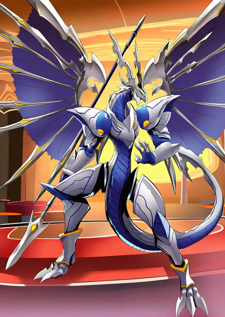 sfw, masterpiece, best quality,absurderes,solo,1man,dorugoramon knight, wings,horns,holding spear,full body,shaded face,tail,indoors,casino,fighting stance,ultimate,persona 5 anime sceencap,yellow eyes,grin <lora:DorugoramonIllustrious:0.92>