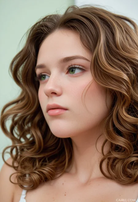 score_9, score_8, score_7, score_6, highres, high-quality, 8k, 4k, raw, Emily Grace Thompson face, Emily Grace Thompson chin, Emily Grace Thompson, forehead, curly hair, green iris, green eyes, light brown hair, cheek soft wrinkles, looking right, look away, profile