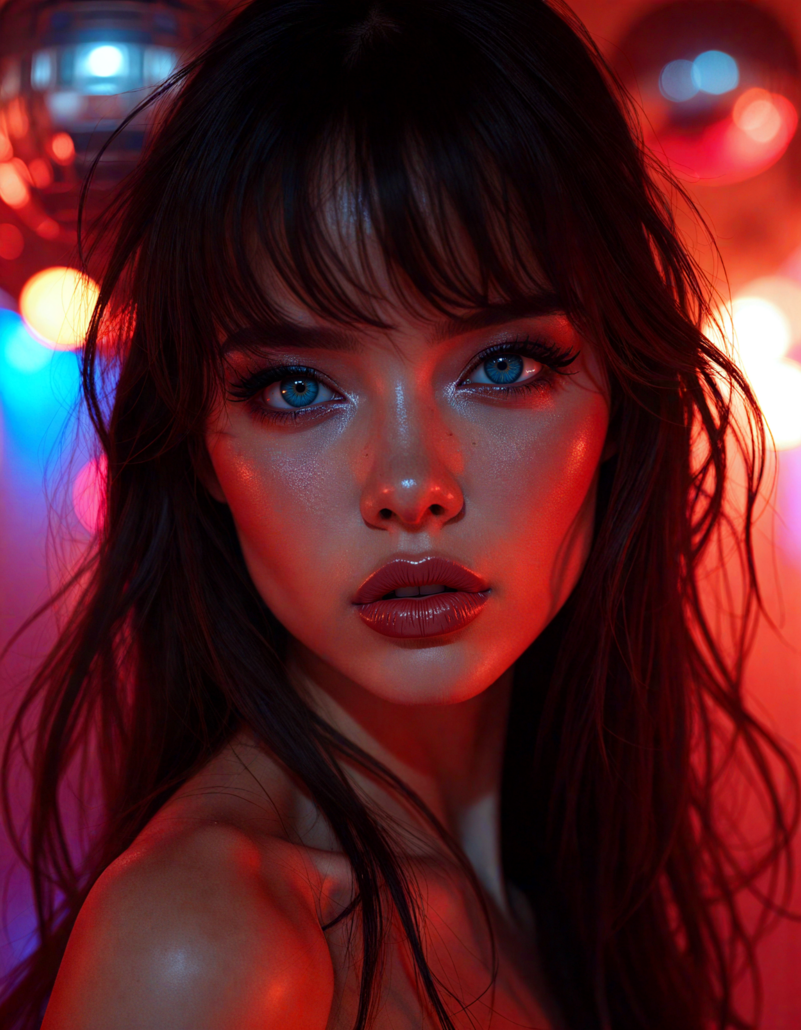 disco-themed (dark mood masterpiece Photography:1.2), portrait of a mysterious Devil Girl, with blue eyes and dark make up, dark eyeliner, she has sensuous lips, looking seductively, naughty. The extreme realism focuses on her detailed skin, showing fine textures and natural highlights. photography masterpiece, modern, irresistible beauty, fuzzy lighting, dark mood, unusual composition, use of negative space, (rule of thirds composition), simmetry, mysterious, emotional, flirting, groundbreaking unrivaled opus with unrivaled details, (Espresso Brown color scheme), highly detailed, melancholic, low-light hyper detailed photography, catchlights, extremely high-resolution details, photographic, realism pushed to extreme, fine texture, incredibly lifelike, full body shot,style by luis royo . vibrant, groovy, retro 70s style, shiny disco balls, neon lights, dance floor, highly detailed