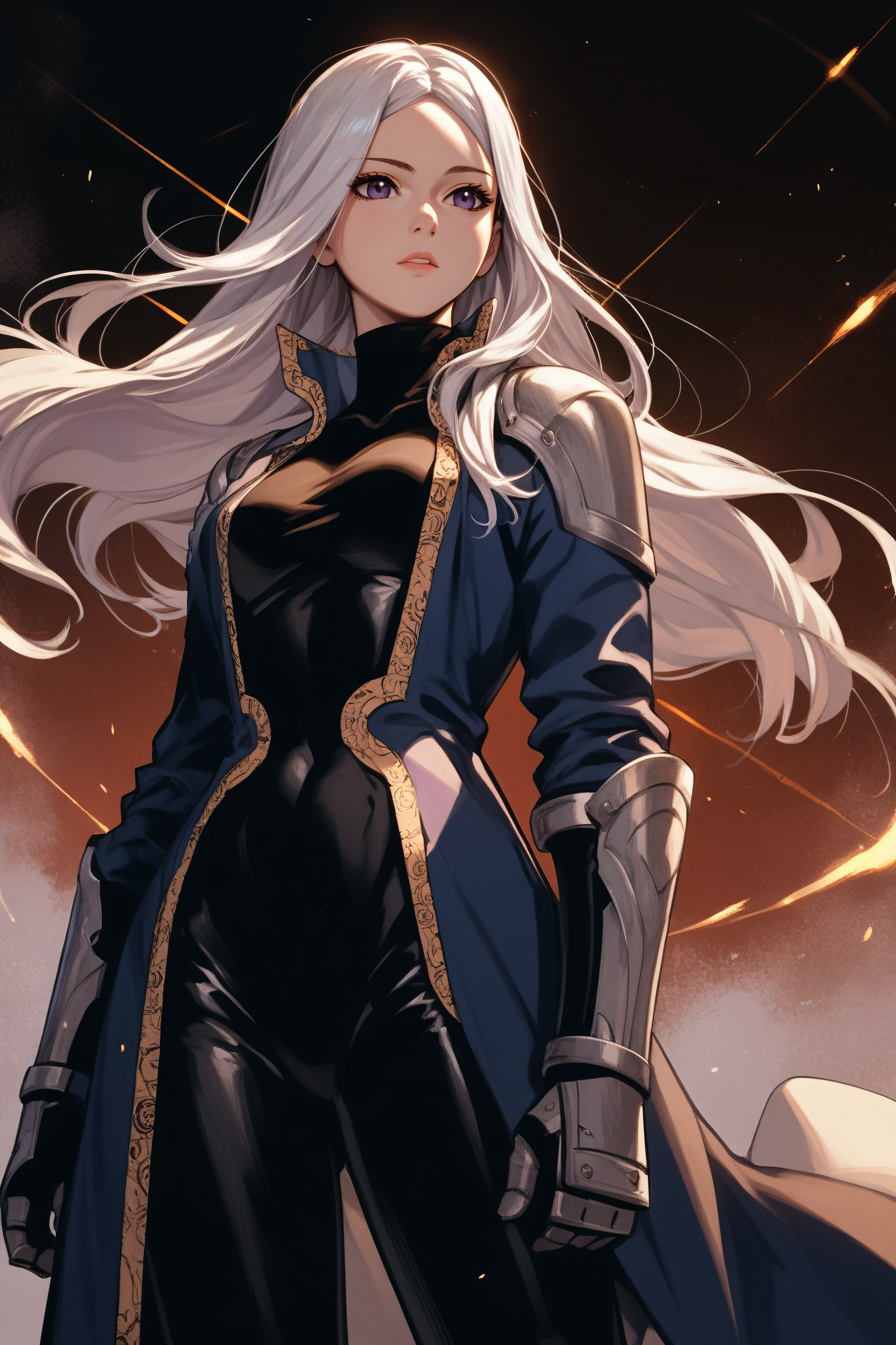 score_9, score_8_up, score_7_up, score_6_up, source_anime, <lora:Luna Runcandel-PonyXL-lora-Faxtron:1> luna runcandel, purple eyes, white hair, long hair, medium breasts, coat, bodysuit, gauntlets, pauldrons, standing,