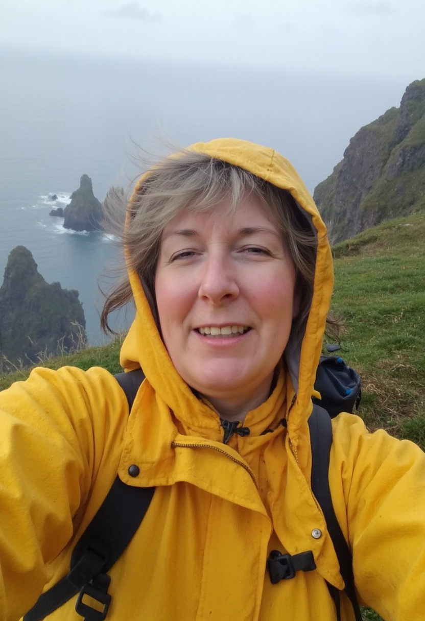 photo selfie of a 60 y.o. woman hiking in the rain, wearing yellow rain coat and a backpack, cliff and seascape in the background, soft natural light, rainy cloudy day <lora:mobile-000081:1>