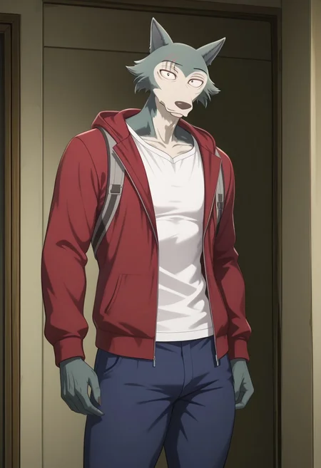 Masterpiece, best quality, high quality, detailed, male, solo male, 1boy, Legoshi, anthro, wolf, beastars, scar on right brow, mature male, animal ears, grayish blue fur, brown eyes, athletic build, wide hips, thick thighs, indoors, looking at viewer, standing, red jacket, white shirt, navy blue pants, half body, cowboy shot, volumetric lighting