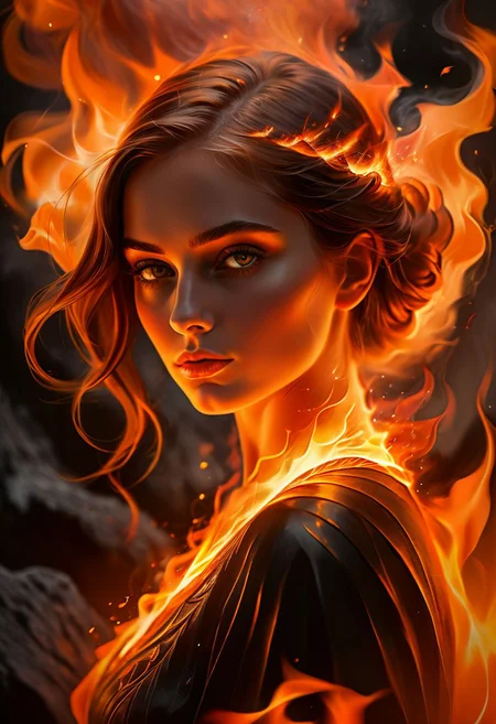 abstract beauty, approaching perfection, dynamic, highly detailed, digital painting, art station, concept art, smooth, sharp focus, illustration, good shadows, dim lit, devoid of color, orange red yellow and black colors, low light, backlight, hidden, obscured, masterpiece, best quality, intricate detailed, hyperrealistic, burning stunning beautiful fit woman, goddess of fire, in flames, ((fire element, composed of fire elements)), (full body shot), in front of a volcano, witch, magical