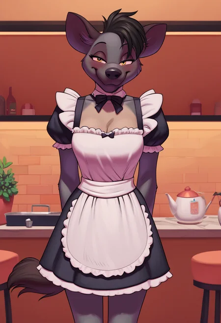 zPDXL, score_9,score_8_up,score_7_up,_up,source_cartoon, best quality, amazing quality, masterpiece, 1girl, looking at viewer, solo, blush,  cute smile,maid, sexy maid outfit, indoor, kitchen, plant in the pot, diner, smug, fullbody,  shenzi, hyena,yellow eyes, grey fur, sharp teeth, furry female,  <lora:shenzi:0.8>, (anthro), standing,  meesh, <lora:Meesh:1>