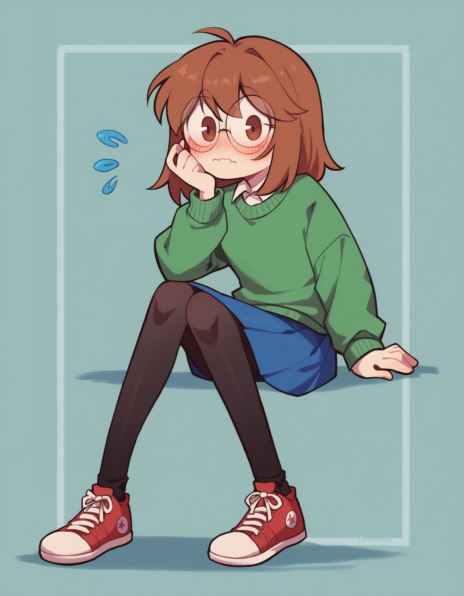 zPDXL, score_9, score_8_up, score_7_up, source_anime, 4k, absurdres, 1girl, solo,
<lora:CWew:0.8> cwew, brown hair, brown eyes, round eyewear, green sweater, blue skirt, black pantyhose, red sneakers, looking at viewer, nervous, blush,