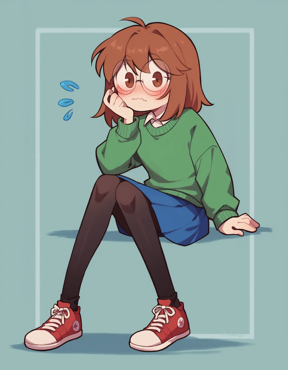 zPDXL, score_9, score_8_up, score_7_up, source_anime, 4k, absurdres, 1girl, solo,
<lora:CWew:0.8> cwew, brown hair, brown eyes, round eyewear, green sweater, blue skirt, black pantyhose, red sneakers, looking at viewer, nervous, blush,
