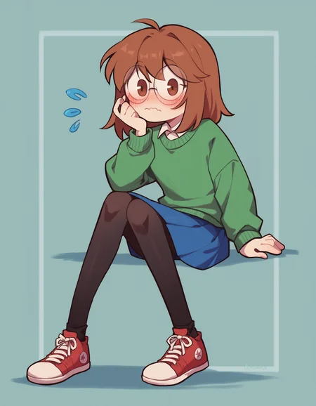 zPDXL, score_9, score_8_up, score_7_up, source_anime, 4k, absurdres, 1girl, solo,
<lora:CWew:0.8> cwew, brown hair, brown eyes, round eyewear, green sweater, blue skirt, black pantyhose, red sneakers, looking at viewer, nervous, blush,