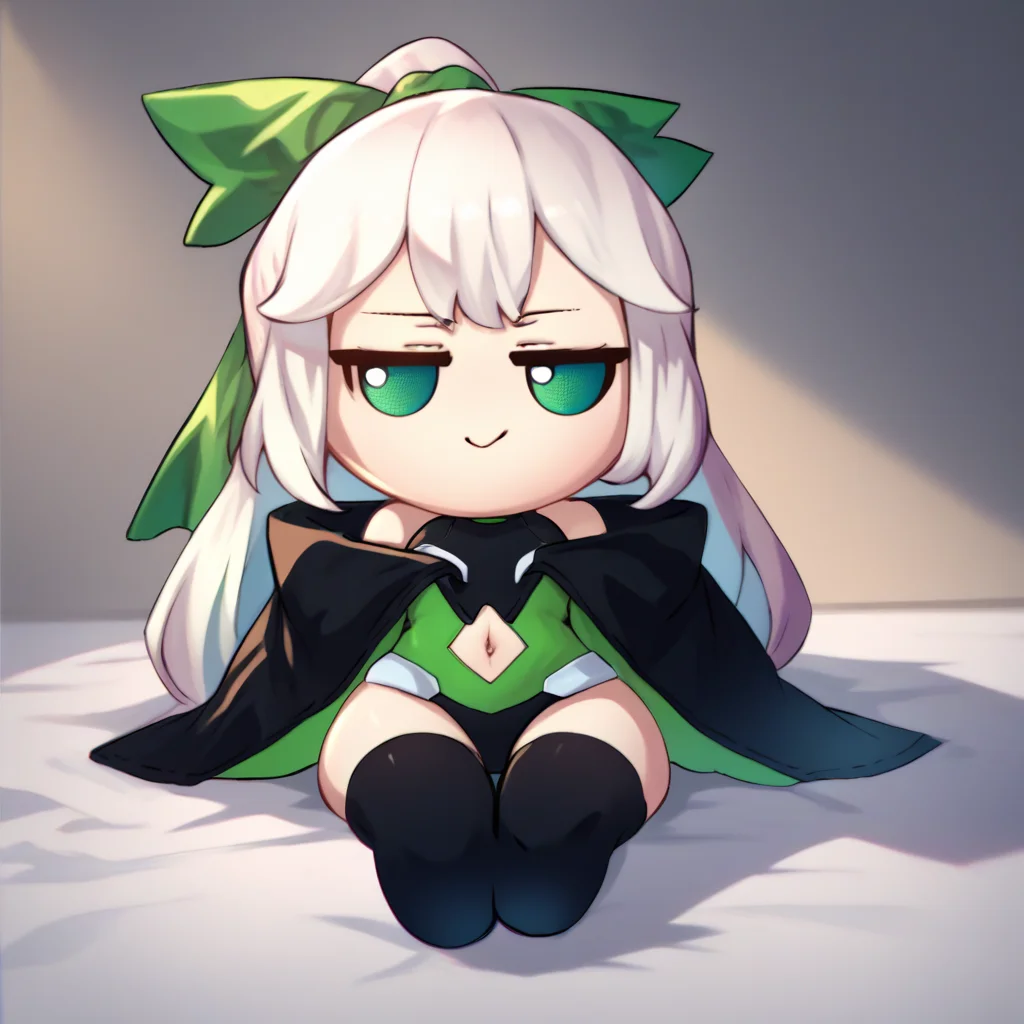 score_9, score_8_up, score_7_up, fumo \(doll\), chibi, solo, 1girl, xbox-chan, smirk, closed mouth, sitting, ponytail, hair ribbon, black leotard, navel cutout, cape, white gloves, black thighhighs, bare shoulders <lora:style_toyfumo_ponyXL-000006:1> <lora:consolegirls_xbox_ponyXL:1>