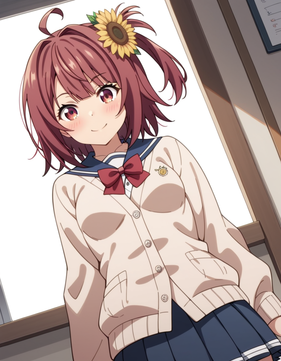 score_9, score_8_up, score_7_up, source_anime, uncensored, <lora:StS_detail_slider_v1:3>, zPDXLxxx, <lora:Aoi_Hinata_PONYXL_VexVexX:1>, AoiHinata, 1girl, red eyes, red hair, short hair, one side up, ahoge, hair ornament, hair flower, sunflower hair ornament, small breasts, school uniform, serafuku, pleated skirt, cardigan, red bow, cowboy shot, indoors, __PERSPECTIVE__, __POSES_CLOTHES_2__, smile