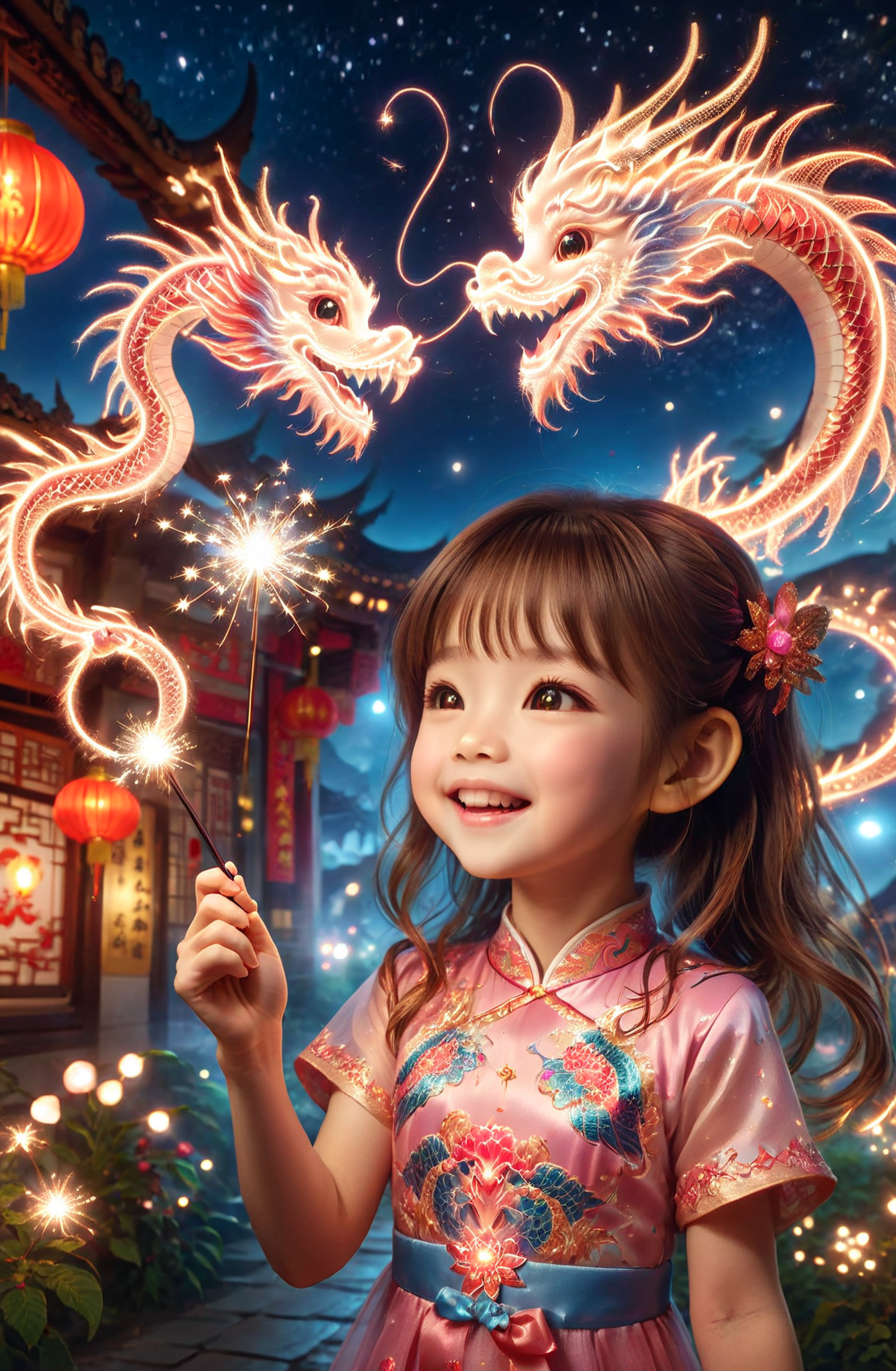 amazing quality, masterpiece, best quality, hyper detailed, ultra detailed, UHD, DOF, depth of field, HDR, perfect anatomy
solo, cute, kawaii, brown hair, joyfully plays with fairy wand, waving it in the air, red lantern, wearing pink cheongsam, milky way,
a small cfc-spark-dragon above the fairy wand, translucent, dazzling, shine, sparking, trajectory of sparks,
<lora:spark-dragon:0.75>,
<lora:ral-lnrnwyr:0.5>, ral-lnrnwyr,
<lora:add-detail-xl:0.75>,
<lora:extremely_detailed:0.75>, extremely detailed,
<lora:quality1:1.0>,
<lora:DonM3t3rn1tyXL-v1.1-000008:0.7>, DonM3t3rn1tyXL,
<lora:zavy-chnsdrgn-sdxl:0.5>, zavy-chnsdrgn,
SK_Fantasy,