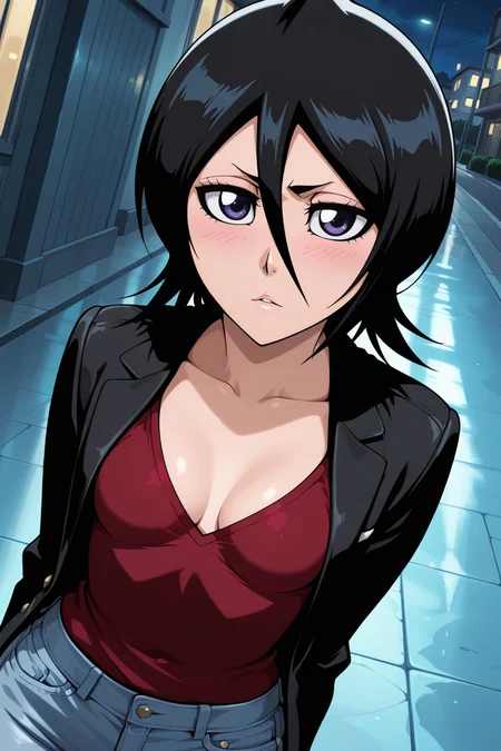 newest, masterpiece, best quality, 4k, indoors, very aesthetic, detailed background,  1girl, solo, <lora:Rukia Kuchiki - Bleach:1> ruk1a, kuchiki rukia, black hair, short hair, hair between eyes, purple eyes, blush,  outside, night, street, Rukia Kuchiki from bleach,  (((bleach art style))), cleavage, red shirt, black jacket, jeans, cowboy shot, looking at viewer, dutch angle, below angle, small breasts,