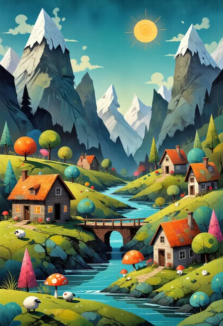 A vivid, detailed illustration of a whimsical, colorful ptchwrk landscape. The scene is dominated by a central, flowing river with a wooden bridge crossing it. The river is surrounded by lush, green, rolling hills, dotted with small, cozy houses with thatched roofs in shades of blue, orange, and yellow. The houses are intricately detailed with windows, doors, and chimneys. Surrounding the houses are tall, colorful trees with round, fluffy tops in hues of pink, orange, blue, and green, creating a surreal, fairytale-like atmosphere. The sky is a deep blue, contrasting with the vibrant colors of the landscape. In the background, towering, snow-capped mountains with fluffy clouds and a bright sun peeking from behind them add depth and a sense of scale to the scene. The foreground is filled with various small, knitted items such as balls, sheep, and mushrooms, all in bright, primary colors, adding to the whimsical and playful nature of the illustration. The textures are soft and fuzzy, with a hand-knit patchwork appearance, enhancing the cozy, handmade feel of the entire scene. The overall style is a blend of fantasy and folk art, creating a charming and enchanting world.