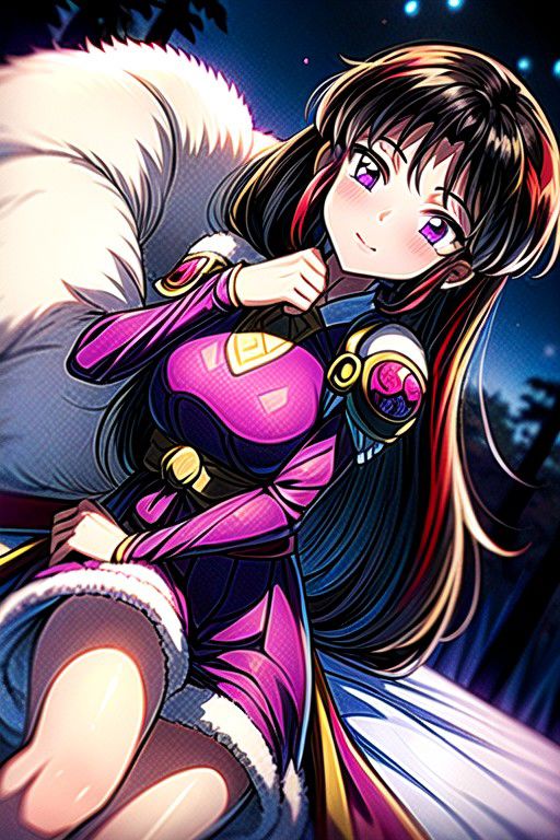 best quality 1girl Setsun4 solo long hair,  (night time) forest background black hair very long hair purple eyes multicolored hair armor, small, (fur trim) (medium body),<lora:EMS-179-EMS:0.800000>,<lora:EMS-293862-EMS:0.800000> bow, hair_bow, hair_tubes, red_bow, brown_hair, long_hair, bangs, ascot, frilled_bow, yellow_ascot, blush, smile, hair_between_eyes, athletic, armor, miko, ,(((intricate outfit,intricate clothes,embroidered outfit,ornate outfit,embroidered clothes,ornate clothes))), laying down, lying down