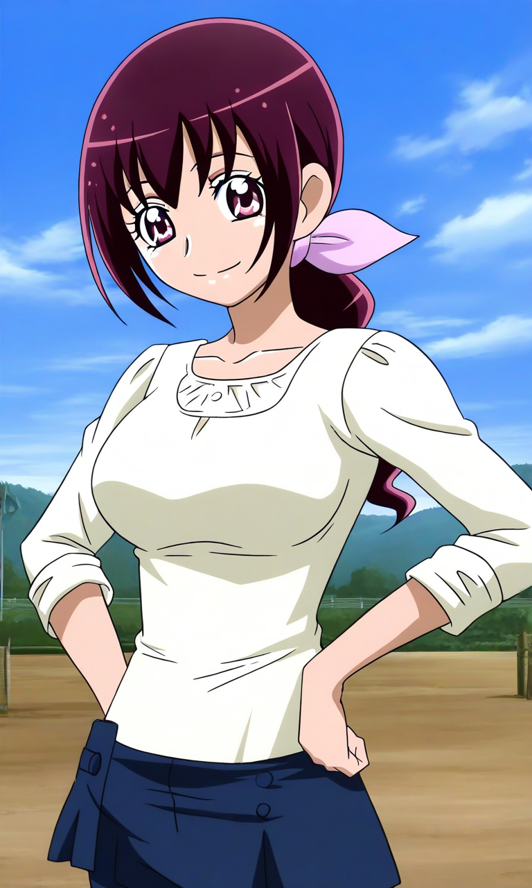 general,highres, ultra-detailed,very aesthetic,best quality ,best hands, BREAK <lora:Hoshizora_Ikuyo_Smile_Precure_IS:1>
Hoshizora_Ikuyo, 1girl, solo, large breasts, purple hair, ponytail, hair ribbon, pink ribbon, long hair, pink eyes,
shirt, pants, blue pants,  collarbone,  long sleeves, 
hands on own hip,
sleeves rolled up, 
smile,looking at viewer, cowboy_Shot,
outdoor, sky,