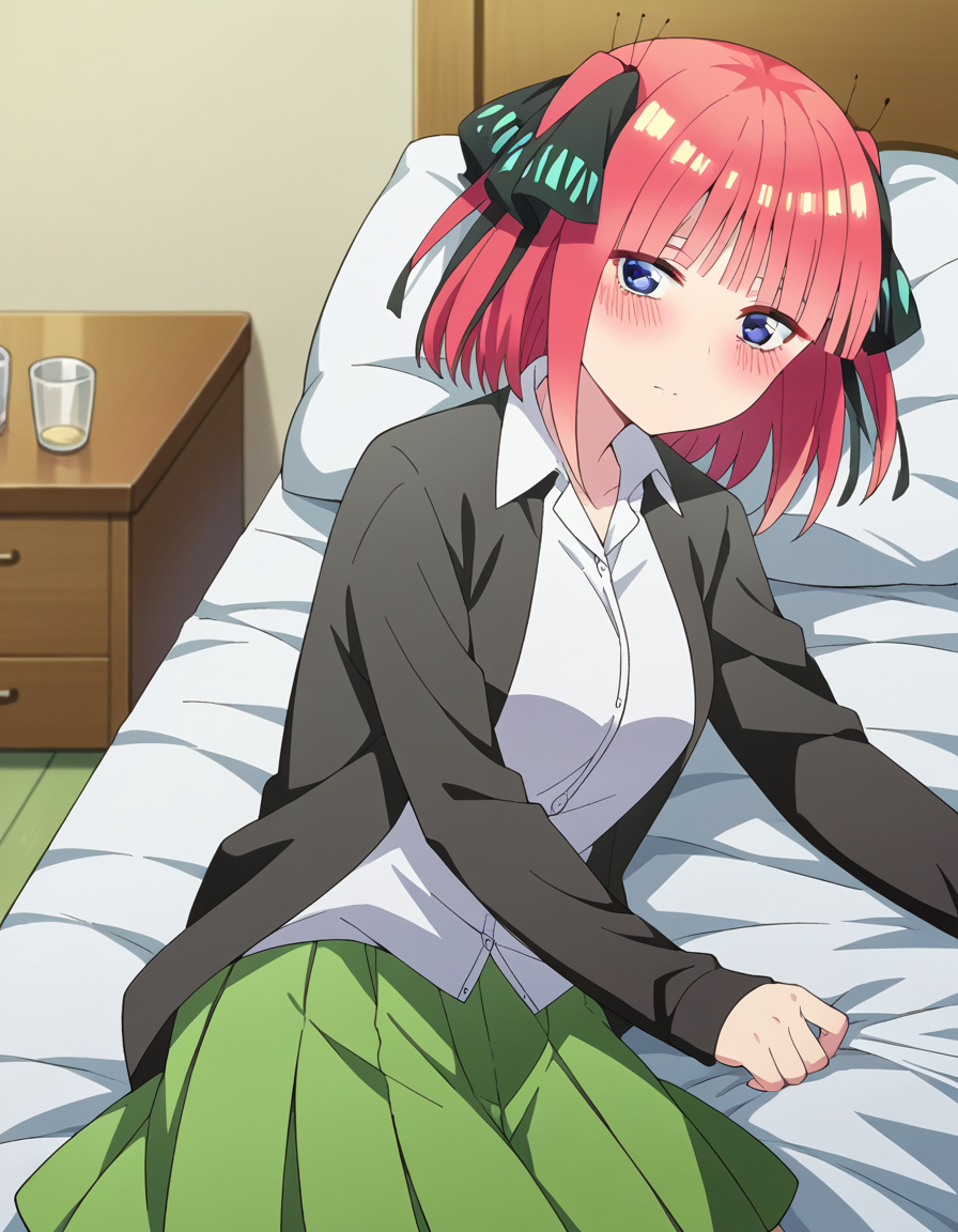 score_9, score_8_up, score_7_up, source_anime,
ninonakano, <lora:nino-nakano-s2-ponyxl-lora-nochekaiser:1>, 
nino nakano, short hair, bangs, blue eyes, hair ornament, hair ribbon, pink hair, blunt bangs, two side up, butterfly hair ornament, mature female,
skirt, shirt, long sleeves, white shirt, pleated skirt, open clothes, collared shirt, sleeves past wrists, dress shirt, cardigan, green skirt, open cardigan, black cardigan,
indoors, bed, bed room, on side, blush, drunk,
looking at viewer, cowboy shot, dutch angle, solo,