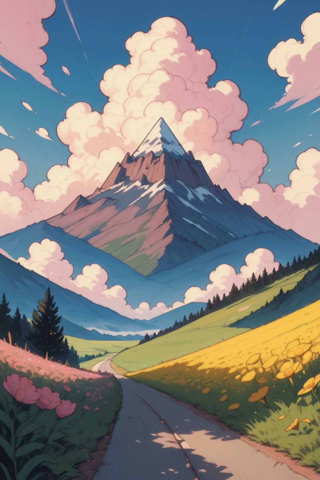 outdoors, scenery, tree, flower, cloud, sky, mountain, castle, no humans, path, field, grass, landscape, nature, pink flower, cloudy sky, building, road, yellow flower, mountainous horizon, blue sky, day, zPDXL3, detailxl,  Score_PnyReal,