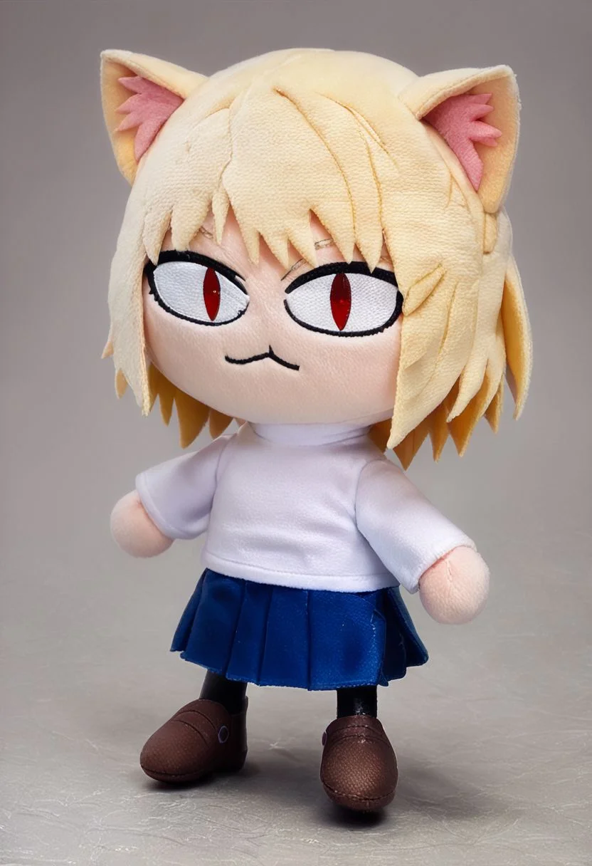score_9, score_8_up, score_7_up,((plushify, chibi, character stuffed toy)),necoarc,blonde hair, red eyes, slit pupils, cat ears, :3, chibi,turtleneck, white shirt, blue skirt, pleated skirt, pantyhose, brown footwear