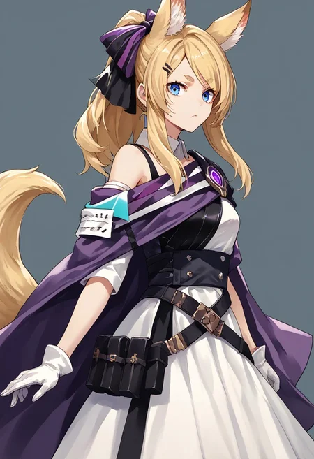 score_9, score_8_up, score_7_up, score_6_up, score_5_up, score_4_up, source_anime, solo, 1girl, 
WhislashGloPu, blue eyes, blonde hair, animal ears, tail, thick eyebrows, long hair, ponytail, hairclip, hair bow, detached collar, white dress, single bare shoulder, purple shoulder sash, white gloves, black belt, black thighhighs, 
masterpiece, best quality, very aesthetic, absurdres,