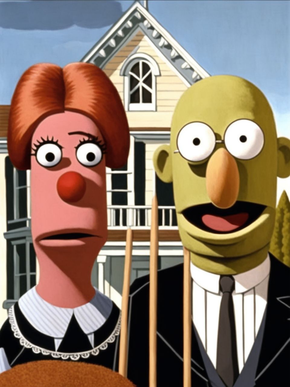 American gothic by grant wood on the MuppetShow  <lora:SDXL-MuppetShow-Lora-step00002500:0.8>