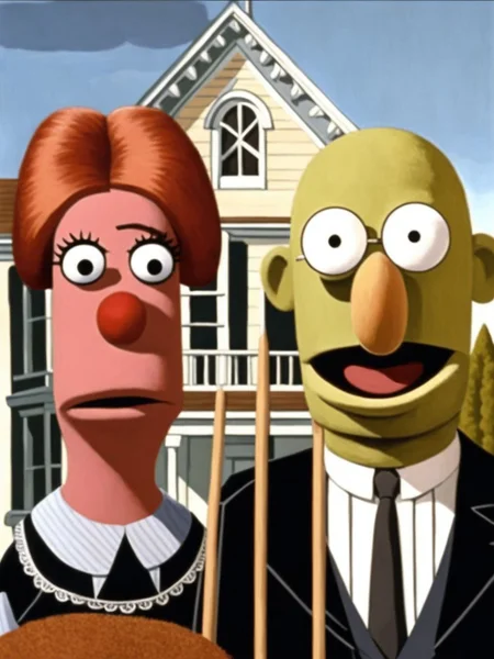 American gothic by grant wood on the MuppetShow <lora:SDXL-MuppetShow-Lora-step00002500:0.8>