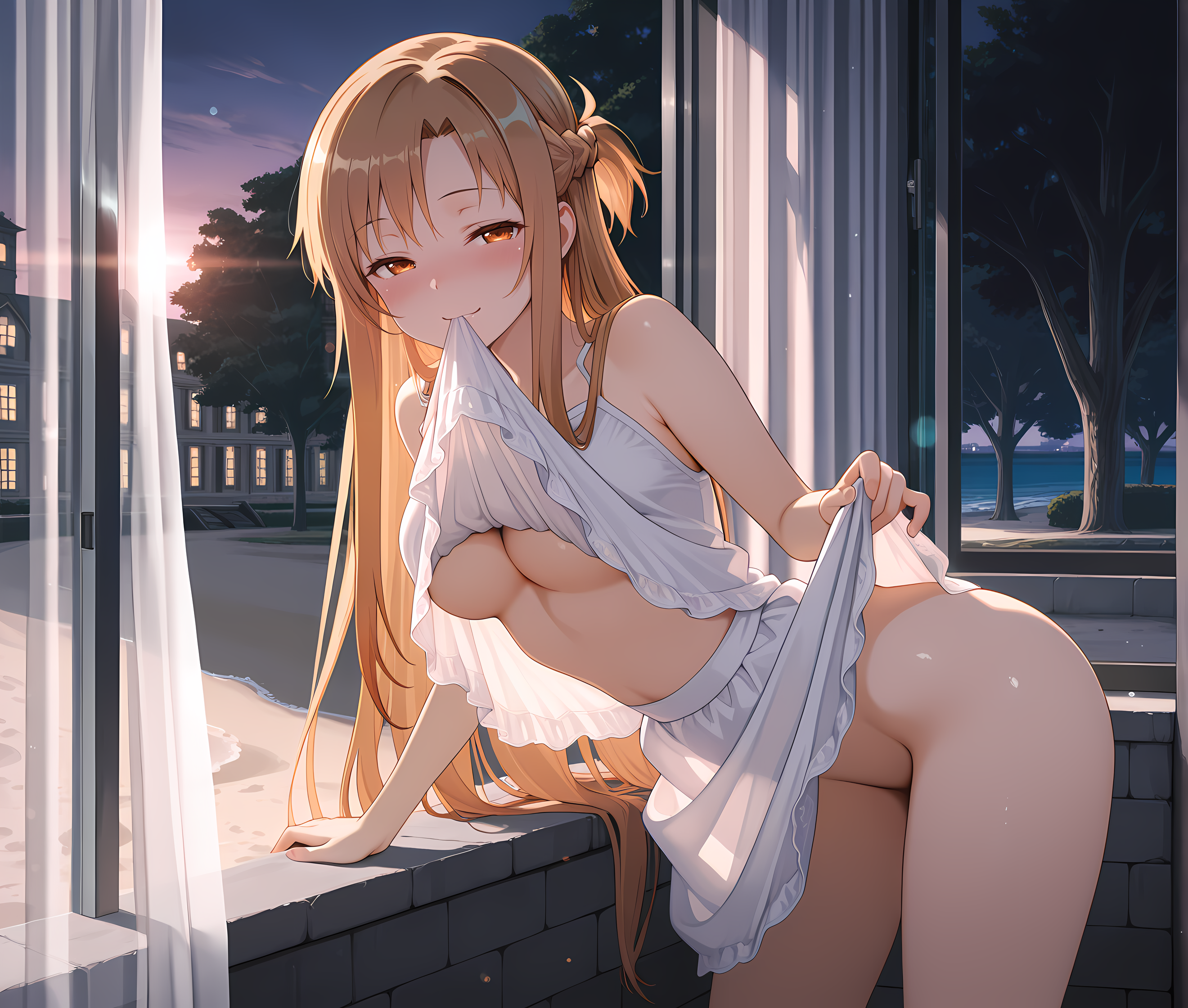<lora:Teasing__Seduction_Augment_LoRA:1>,looking at viewer,solo,asuna \(sao\),seductive smile,blush,evening,mansion,cowboy shot,breasts,sundress,concrete,ledge,legs apart,park,curtains,glass,window fog,beach,outdoors,tree,atmospheric perspective,cinematic lighting,surreal,lens flare,leaning forward,half-closed eyes,shirt lift,underboob,no panties,clothes in mouth,clothes lift,skirt lift,, masterpiece,best quality,amazing quality, very aesthetic, absurdres,detailed eyes,ultra-detailed,