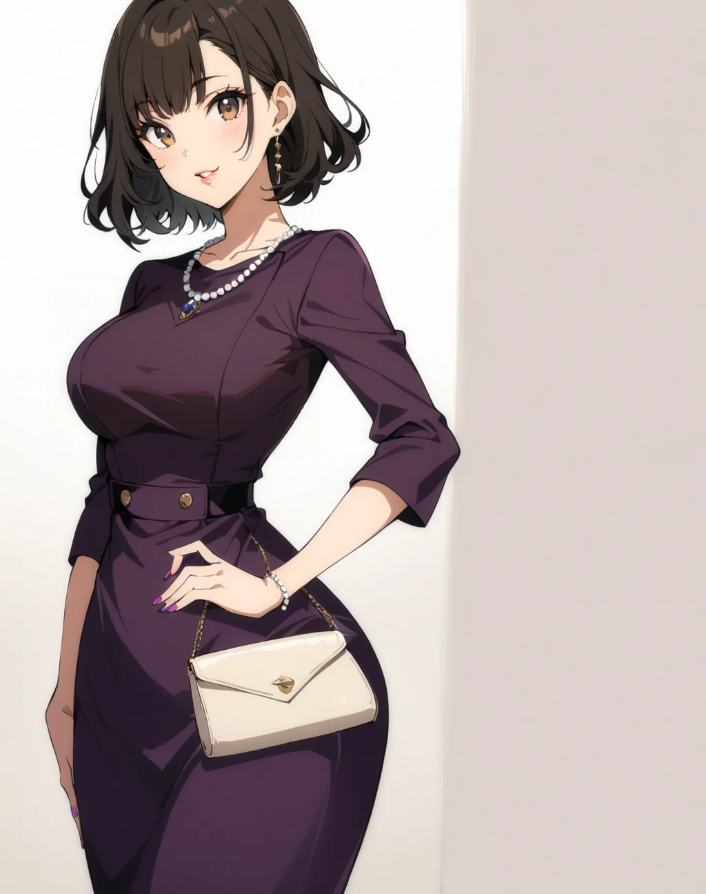1girl,solo,smile,
parted lips,posing for a picture,standing, puffy lips,lipstick,source_anime,sexy pose,digital painting,looking at viewer,paintel nails, edgpdress, looking at viewer, brown hair, black hair, holding, brown eyes, jewelry, standing, parted lips, medium hair, necklace, bag, lips, hand on hip, purple dress, handbag, pearl necklace ,wearing edgpdress <lora:edgOfficeLadySDXL:0.9>
masterpiece,best quality,absurdres