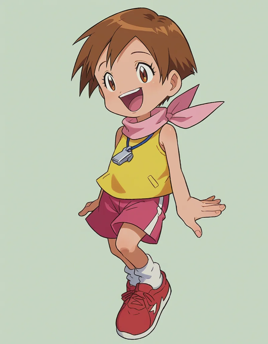 zPDXL, score_9, score_8_up, score_7_up, source_anime,
<lora:Digimon_v2-15:0.8> digimon, laughing, baby_carry, 1girl, solo, hikari, brown hair, brown eyes, short hair, yellow shirt, sleeveless, pink scarf, pink shorts, white socks, red sneakers, whistle,