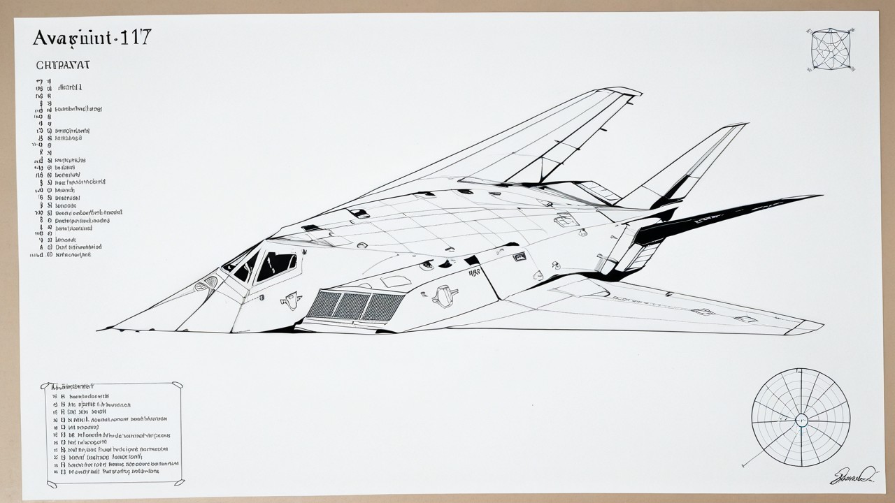<lora:F-117_Illustrious:1> F-117, blueprint, technical drawing, wireframe, schematics, aviation engineering, labeled components, monochrome, drafting paper texture,masterpiece,best quality,amazing quality