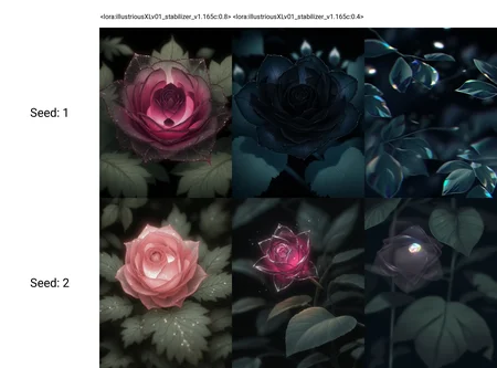 <lora:illustriousXLv01_stabilizer_v1.165c:0.8>a ice rose,close-up,light particles,transparent,leaf,dark,Iridescent light,masterpiece,depth of field,