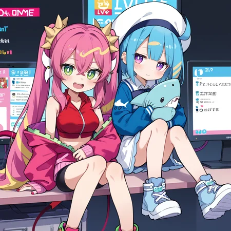 (score_9:0.9),score_8_up,score_7_up,rating_safe,(zPDXL3),sidelocks,parody,official art,2girls,full body,blush stickers,(livestream),sitting,teeth,sidelocks,screen,display,
BREAK pink jacket,ka sikil,red cropped vest,red tail,hair ornament,medium breasts,looking at viewer,open mouth,fang,:d,pink sneakers,black bike shorts,bandaid on knee,
BREAK blue jacket,white dress,lil la,blue demon wings,white sailor hat,half-closed eyes,small breasts,stuffed shark toy,light smile,looking at viewer,blue sneakers,<lora:Live twin ponyXL v1:0.62>,
