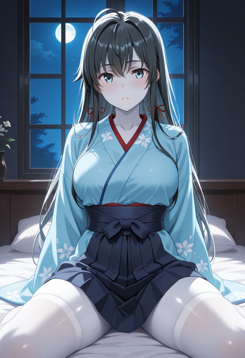 shiny skin, raw lighting, overexposed, harsh flash, dark background, dark room, bed, indoors, window, night, dark, 1girl, large breasts, light blue kimono, obi, sash, white stockings, wooden snadals, dark blue hakama, <lora:NOOB_vp1_detailer_by_volnovik_v1:1>, <lora:add-detail-xl:2>,masterpiece,very esthetic, best quality ,high resolusion, 8K,absurdres, newest,crisp quality, ultra detailed, anime style,
1woman,solo, oregairu, Yukinoshita Yukino, blue eyes, large breasts, grey hair, long hair, white hair, very long hair, Yuki-onna style, blunt bangs colored skin, (white skin:1.3)