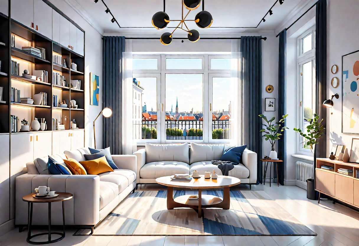 ((front view)), Shallow scene, ((animation style)), modern-style interior, with white walls, (large windows), Nordic-style furniture, a  study, Sofa, coffee table, bookcase, single wall, 
warm light morning sun, (the view of the city)