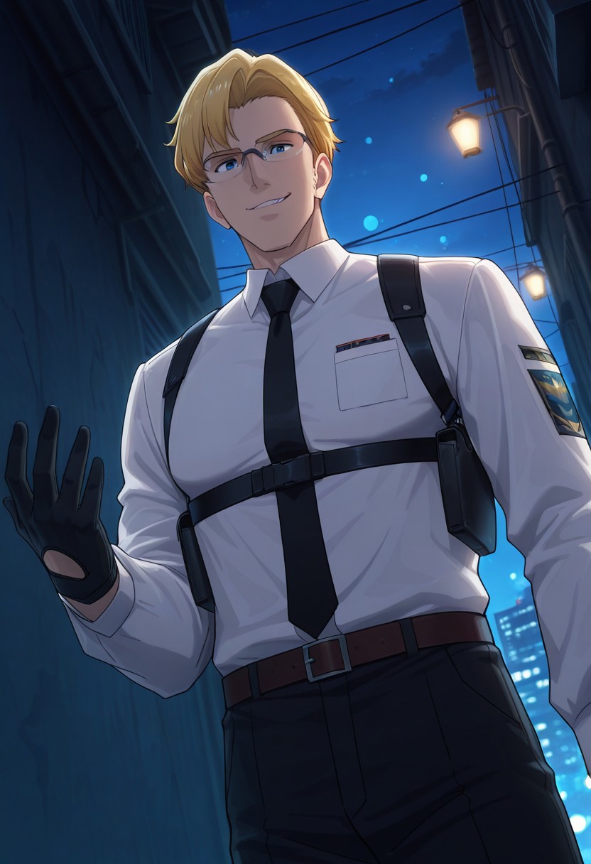 safe_pos, safe_pos, score_9, score_8_up, score_7_up, score_6_up, perfect anatomy, perfect proportions, best quality, masterpiece, high_resolution, high quality, best aesthetic, incredibly absurdres, highres, extremely detailed, huge filesize, solo male, adult, mature, masculine, manly, handsome, charming, alluring, seductive, heroic, standing, upper body, dutch angle, cowboy shot, perfect face, perfect eyes, source_anime, anime coloring, BBBSmith, Lewis Smith \(Brave Bang Bravern\), blue eyes, BBBSmith_hairstyle01, short hair, blond hair, BBBSmith_outfit19, detective outfit, glasses, white collared shirt, black necktie, long sleeves, black gloves, chest harness, harness holster, black pants, black shoes, low angle, cinematic still, emotional, harmonious, vignette, bokeh, cinemascope, moody, epic, gorgeous, outdoor, city, alley, dark, night, smirk, from front