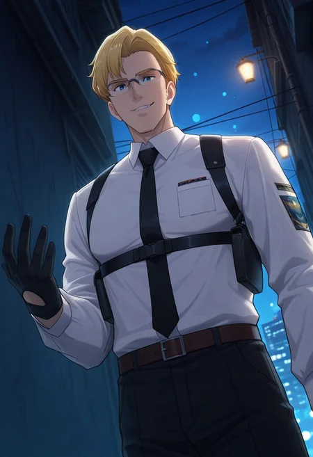 safe_pos, safe_pos, score_9, score_8_up, score_7_up, score_6_up, perfect anatomy, perfect proportions, best quality, masterpiece, high_resolution, high quality, best aesthetic, incredibly absurdres, highres, extremely detailed, huge filesize, solo male, adult, mature, masculine, manly, handsome, charming, alluring, seductive, heroic, standing, upper body, dutch angle, cowboy shot, perfect face, perfect eyes, source_anime, anime coloring, BBBSmith, Lewis Smith \(Brave Bang Bravern\), blue eyes, BBBSmith_hairstyle01, short hair, blond hair, BBBSmith_outfit19, detective outfit, glasses, white collared shirt, black necktie, long sleeves, black gloves, chest harness, harness holster, black pants, black shoes, low angle, cinematic still, emotional, harmonious, vignette, bokeh, cinemascope, moody, epic, gorgeous, outdoor, city, alley, dark, night, smirk, from front