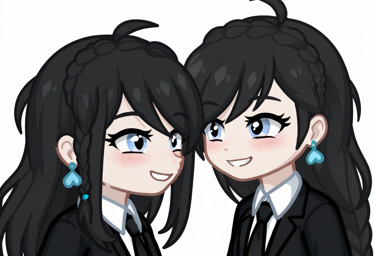 GELUGDD, GELUGDDGacha, Gacha, girl, black hair, long hair, braid, blue eyes, blue earrings, black tie, black skirt, black jacket with tie, white background, smile, cute face, score_9, score_8_up, score_7_up, score_6_up, score_5_up, smile, cute face, ((( Side view ))), ((2girl))